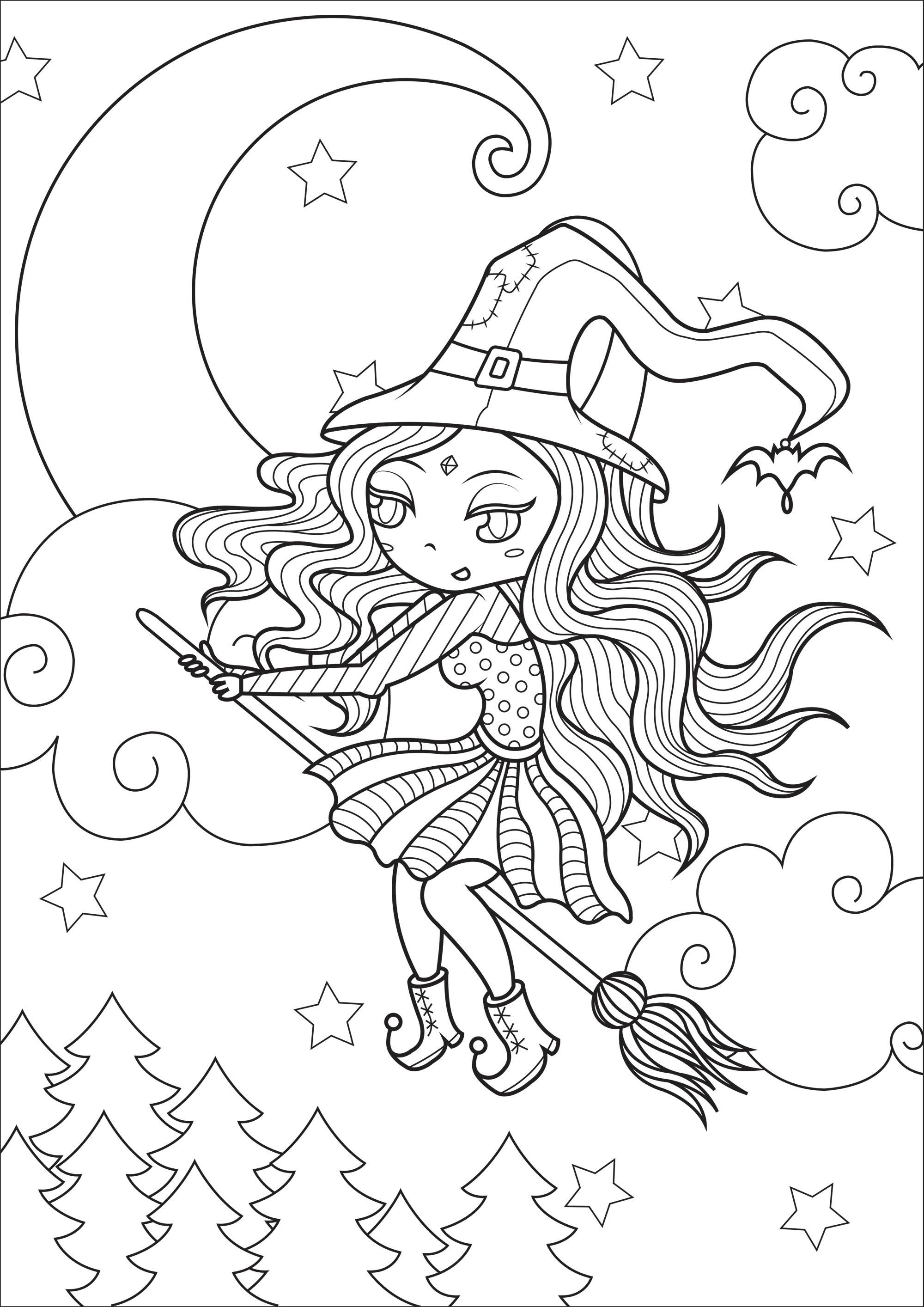 Witch in flight. This original coloring page represents a witch with her colorful outfit and her pointed hat, in full flight in front of a starry sky and a pretty moon, Artist : Lucie