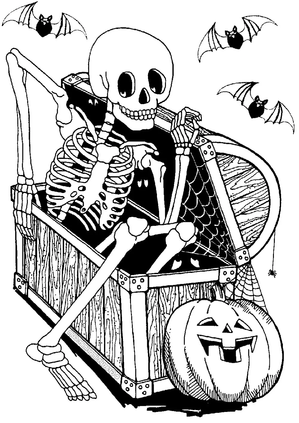 Skeleton in coffer (Printable Halloween Coloring Page for adults)