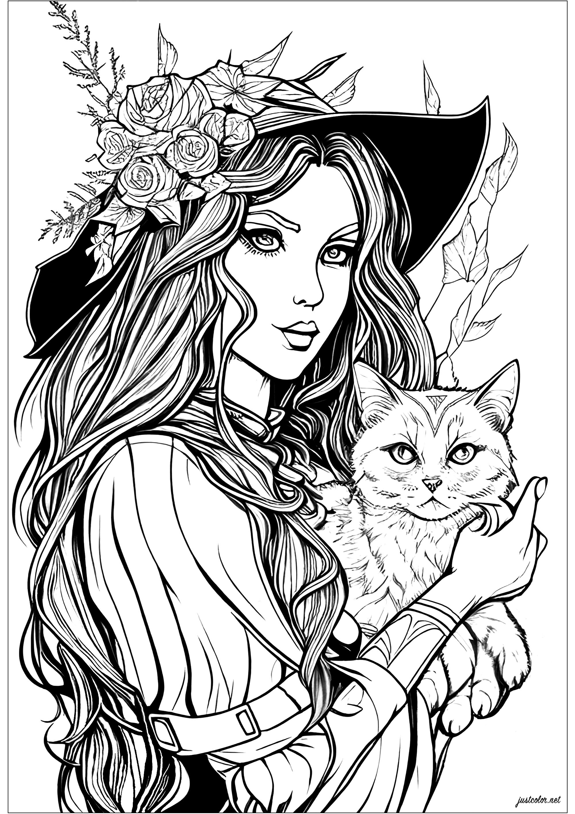 Coloring page of a witch with a bewitching gaze, and her mischievous cat. An evil coloring page, with many details, and with very realistic subjects.