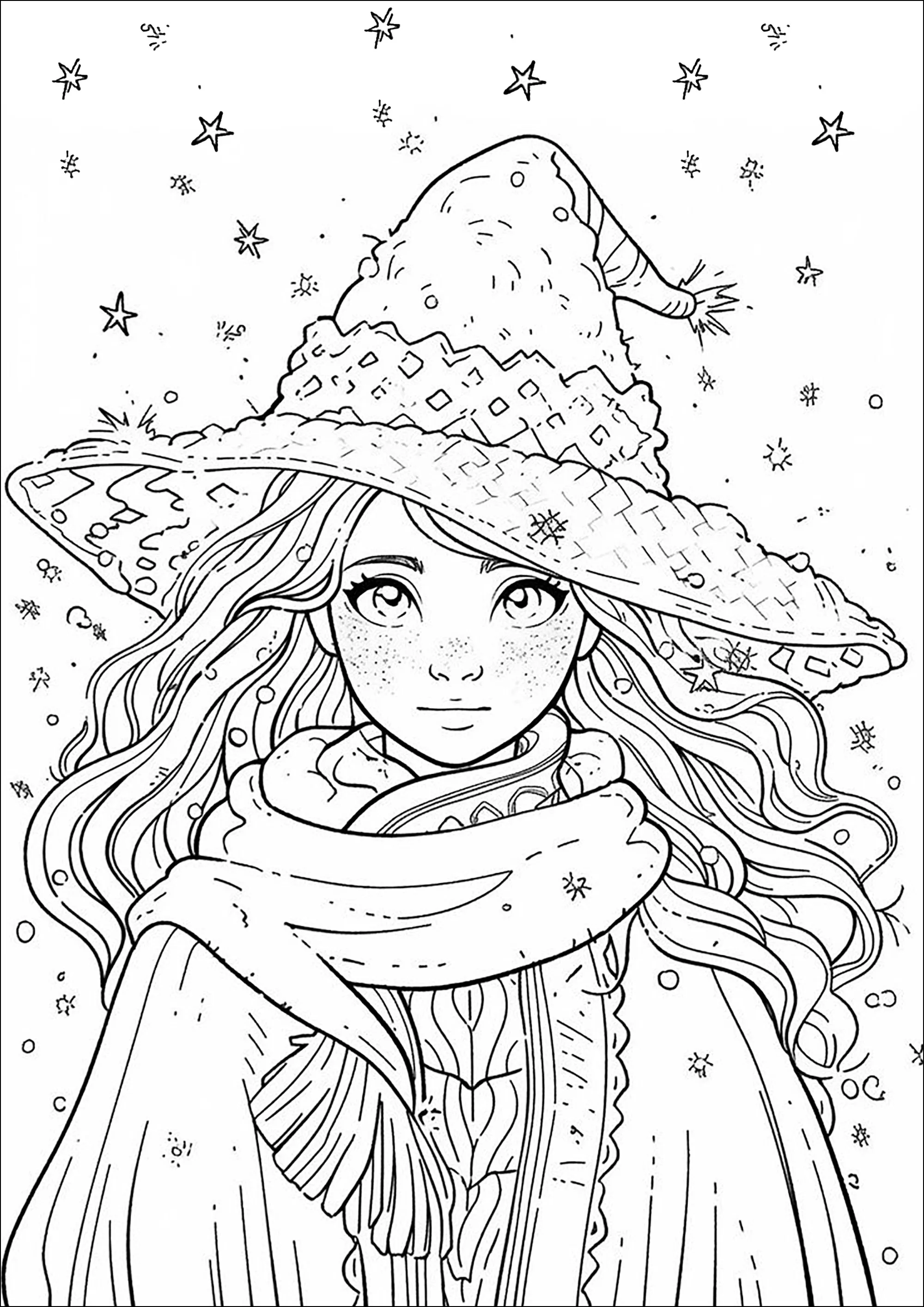 Young witch with a big hat (Printable Halloween Coloring Page for adults)