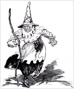 Coloring adult halloween scary witch in old illustration