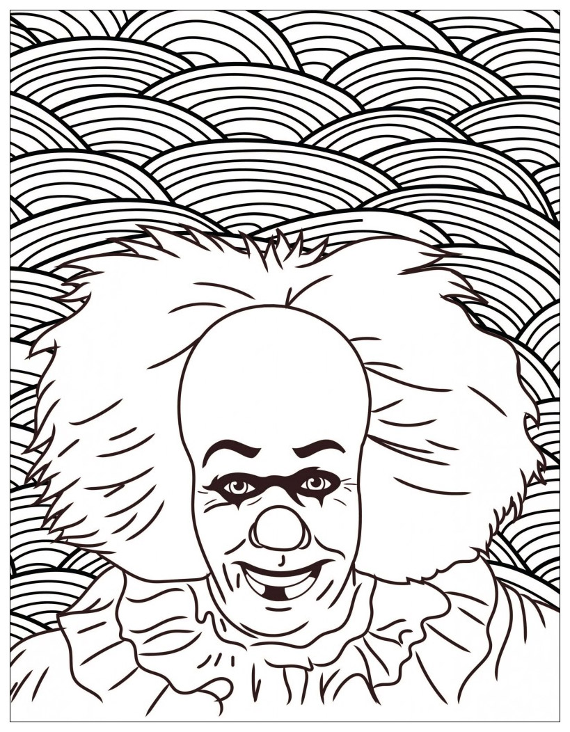 Classic horror movies coloring pages : Pennywise the Dancing clown (Stephen King's 1986 novel It, and movies) (Source : Costume SuperCenter. Find Pennywise costumes here)