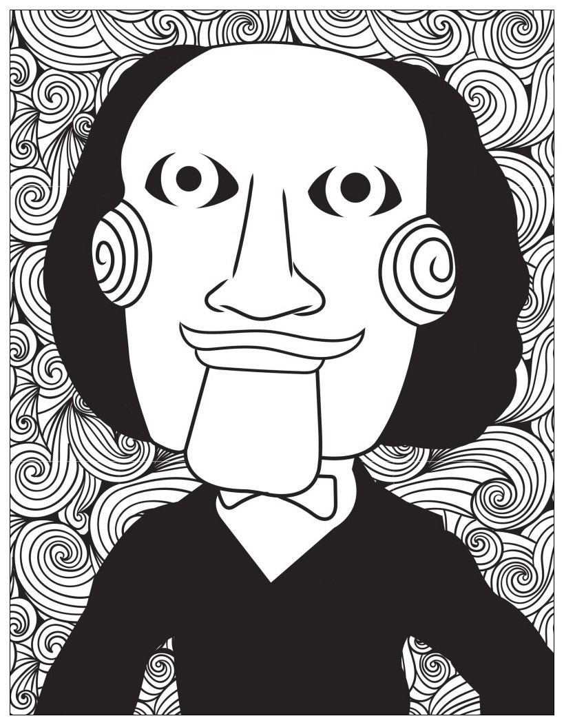 Classic horror movies coloring pages : Billy the Puppet / Jigsaw (Saw movies) (Source : Costume SuperCenter. Find Billy the puppet costumes here)