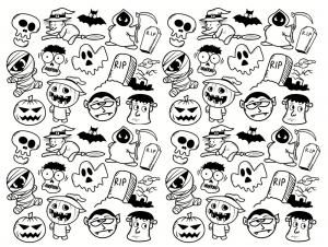 Halloween Doodle : funny characters : Frankenstein, Vampire, Mummy, Witch, Bat . . (Coloring Page)