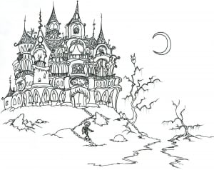 Scary Castle in the night . .. Who is this little skeleton ? (Halloween Coloring Page)
