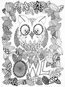 Owl drawing : Zentangle style (Halloween Coloring Page)