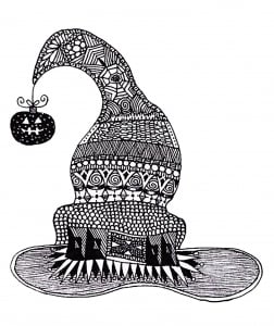 A Zentangle drawing representing a Witch Hat (Halloween Coloring Page)