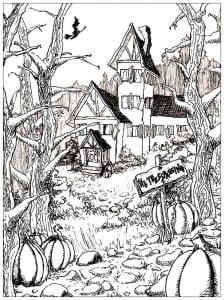 Haunted house to print and color, with big pumpkins (Halloween Coloring Page)