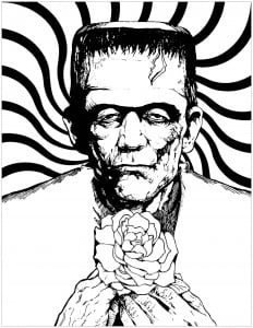 Frankenstein monster, with a cute rose (Halloween Coloring Page)