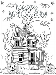 Coloring halloween haunted house ghost pumpkin bats