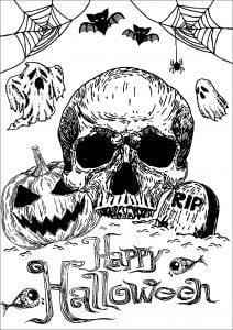 Crâne, Citrouille et Tombe (Halloween Coloring Page)