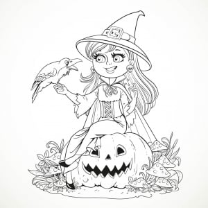 Beautiful witch sitting on a pumpkin and talking to a black raven. A simple Halloween coloring page for kids & adults