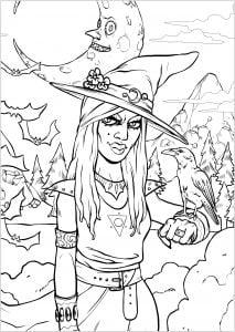 Halloween witch and her raven - narrow frame version (Coloring Page)