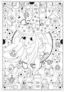 Witch and her many potions and spell books (Halloween Coloring Page)