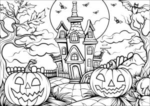 Haunted house and pumpkins (Halloween Coloring Page)