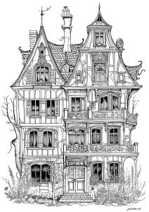 Haunted house with many floors (Halloween Coloring Page)