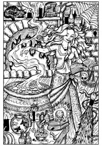 Pretty witch and her cauldron (Halloween Coloring Page)