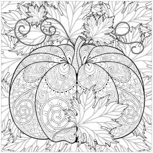 Coloring page pumpkin with autumn leaves