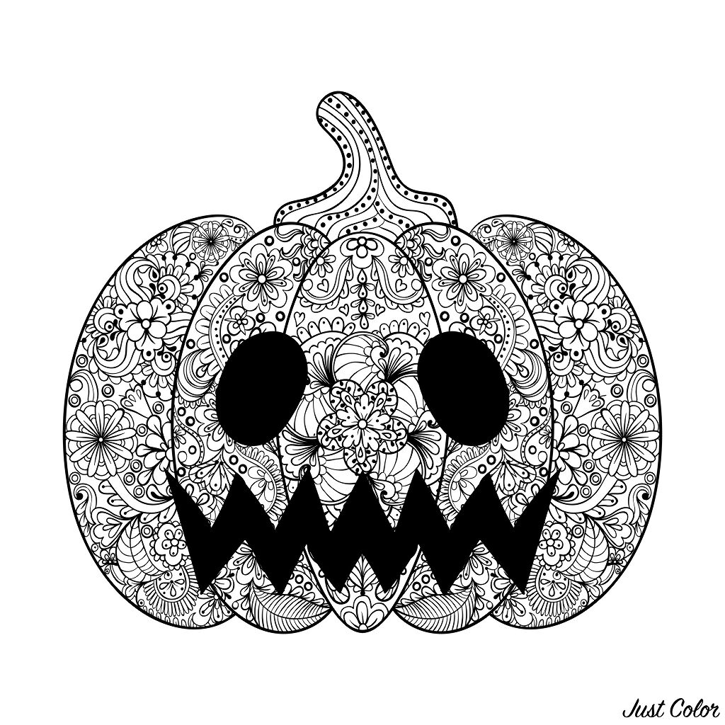 Pumpkin illustration, an Halloween coloring page drawn in Zentangle style