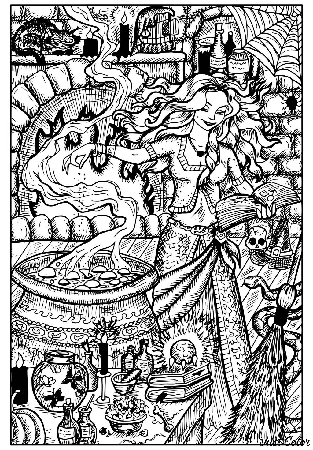 beautiful-witch-and-her-cauldron-halloween-adult-coloring-pages