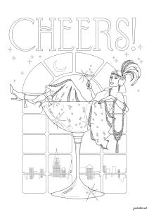 A glamorous Art Deco evening under the stars. The image depicts an elegant woman, relaxed in a tall glass, surrounded by glittering motifs and an urban skyline.
The design style is inspired by Art Deco. A glamorous art deco evening under the stars