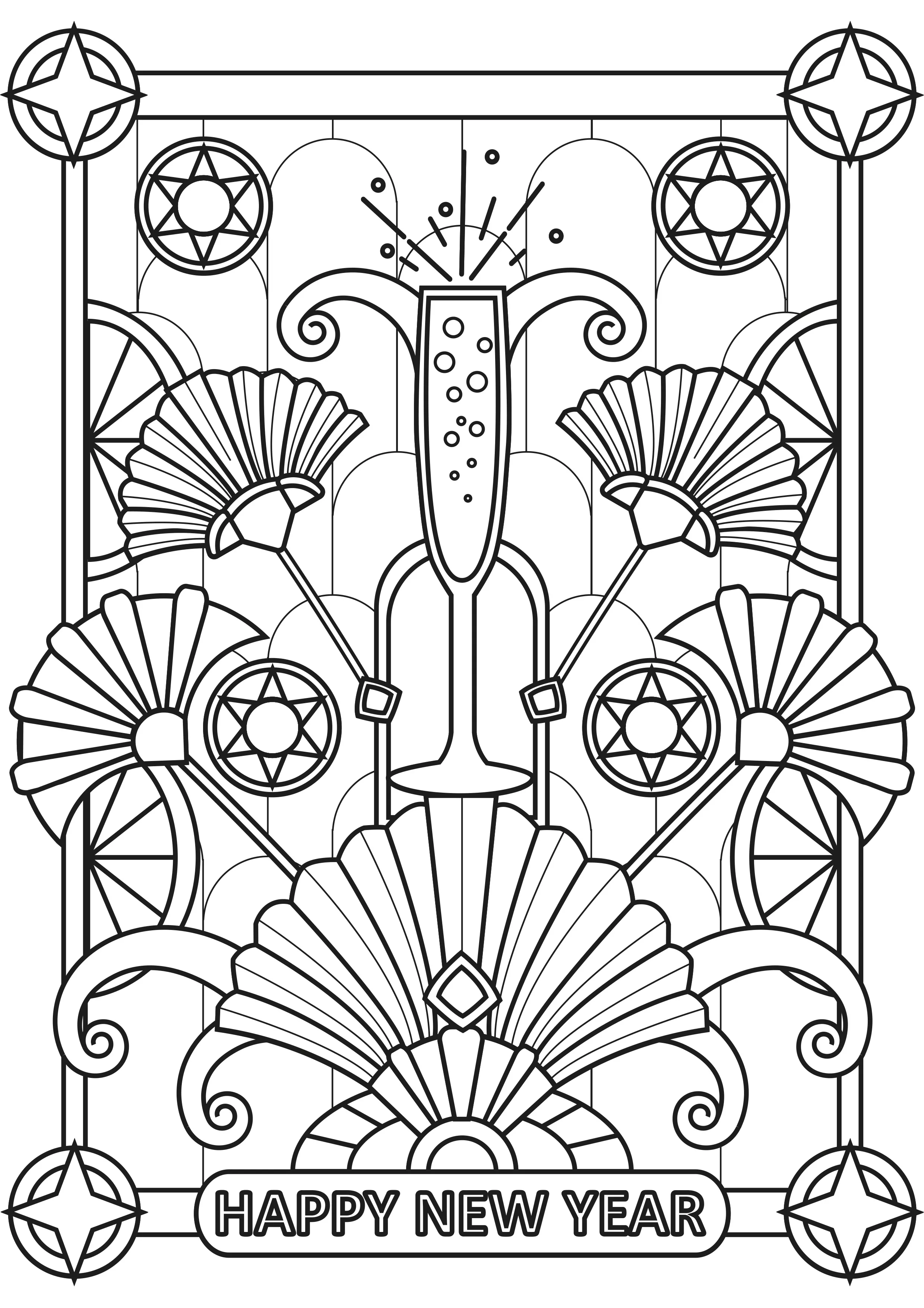 Champagne and Art Deco - "Happy New Year" text (Printable Coloring Page for adults)