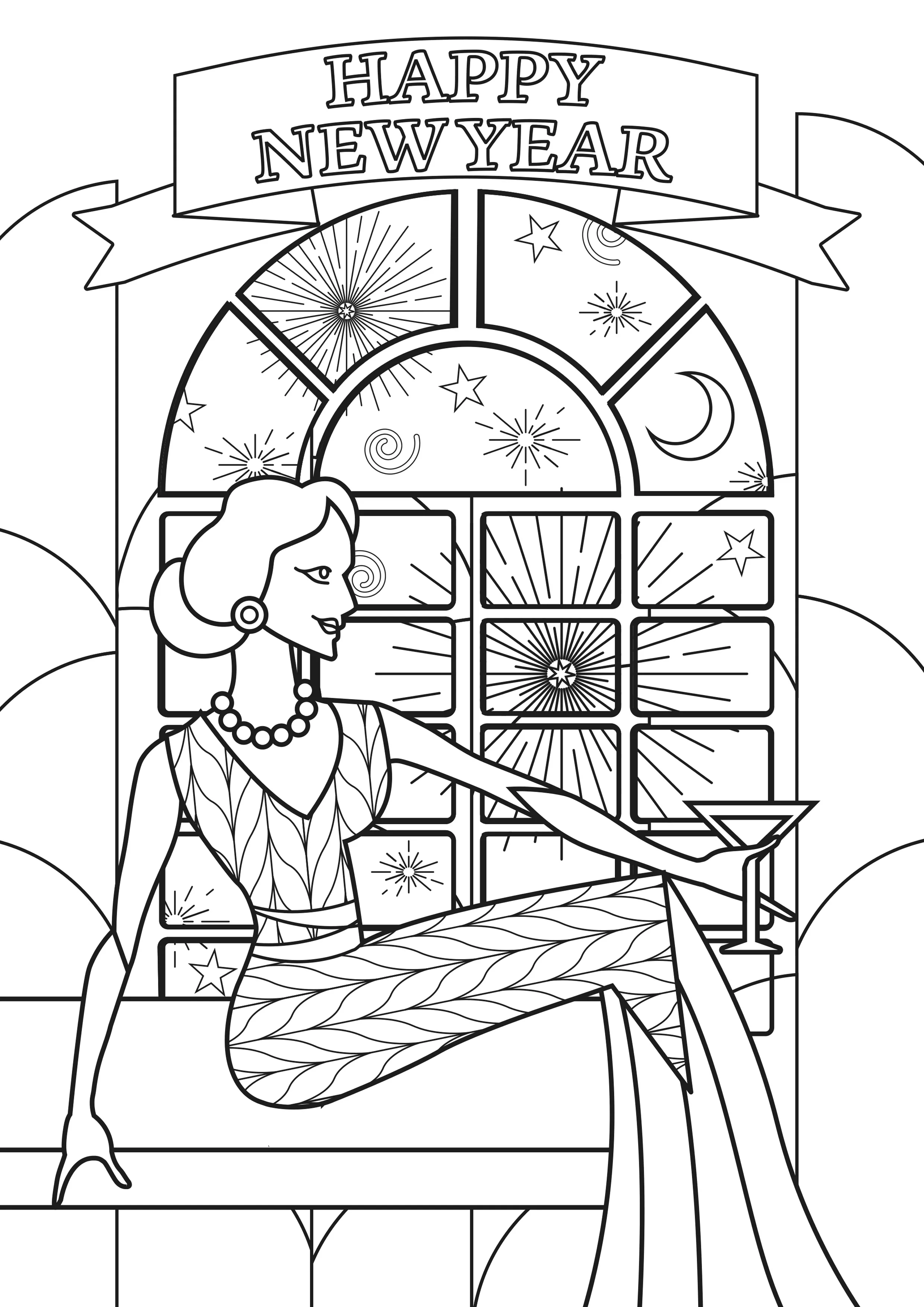 Art Deco style woman - "Happy New Year" text (Printable Coloring Page for adults)