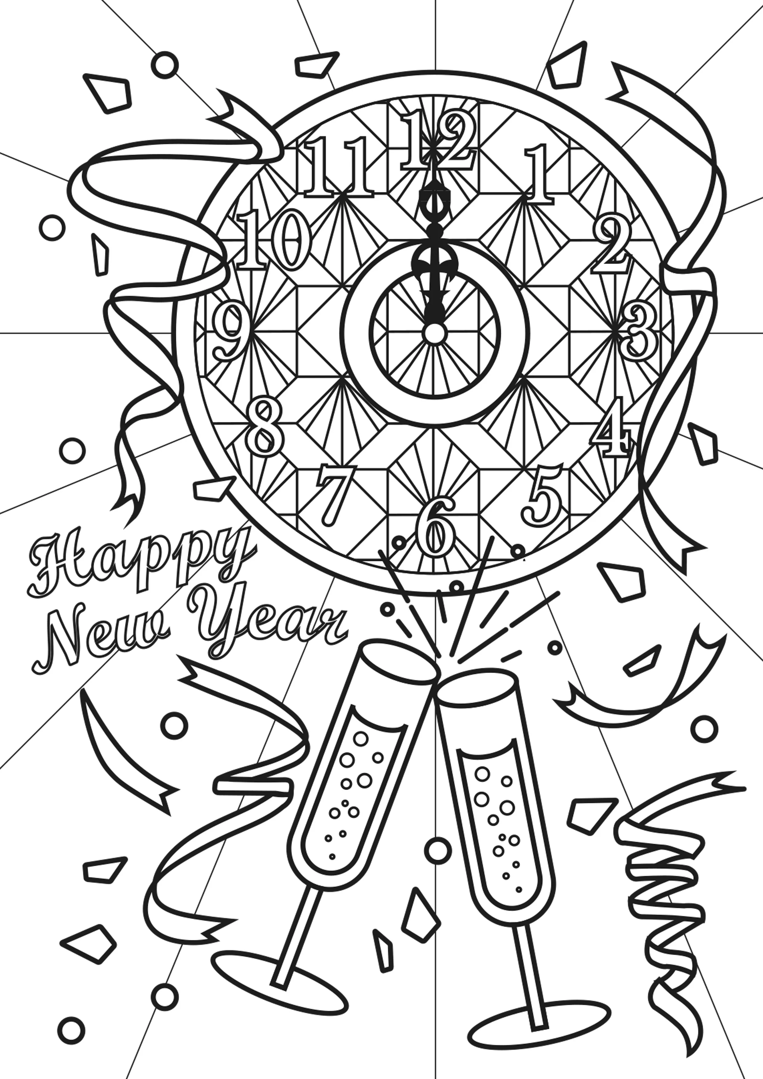 Champagne and clock - "Happy New Year" text (Printable Coloring Page for adults)