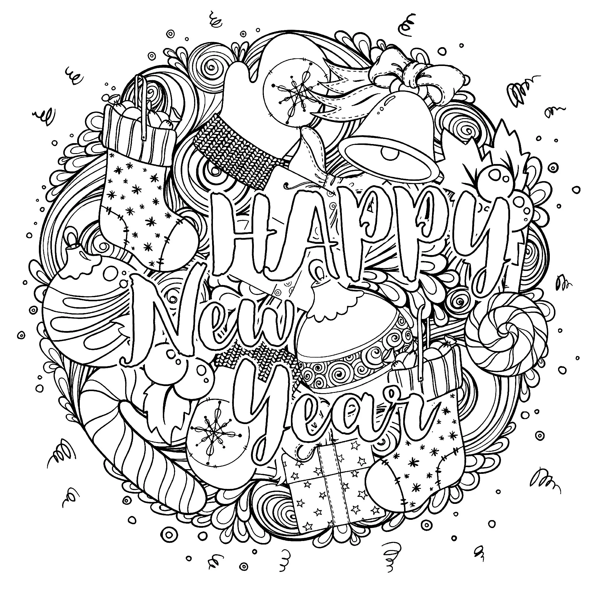 Happy New Year : Circular Design (Printable Coloring Page for adults)