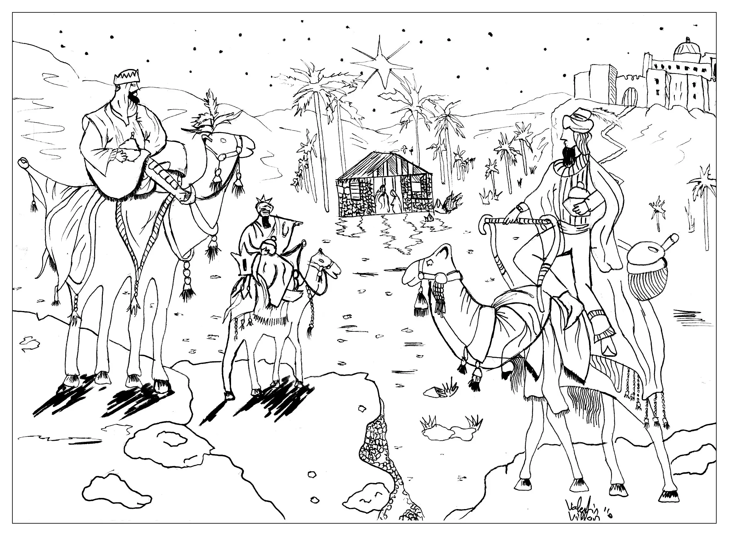 Drawing of the Three Wise Men (Printable Happy New Year Coloring Page for adults)