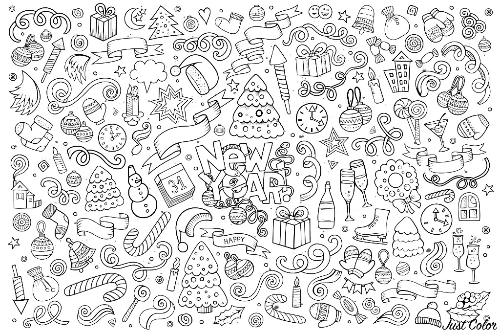 A complex drawing with various objects and symbols making think about New Year's Celebration