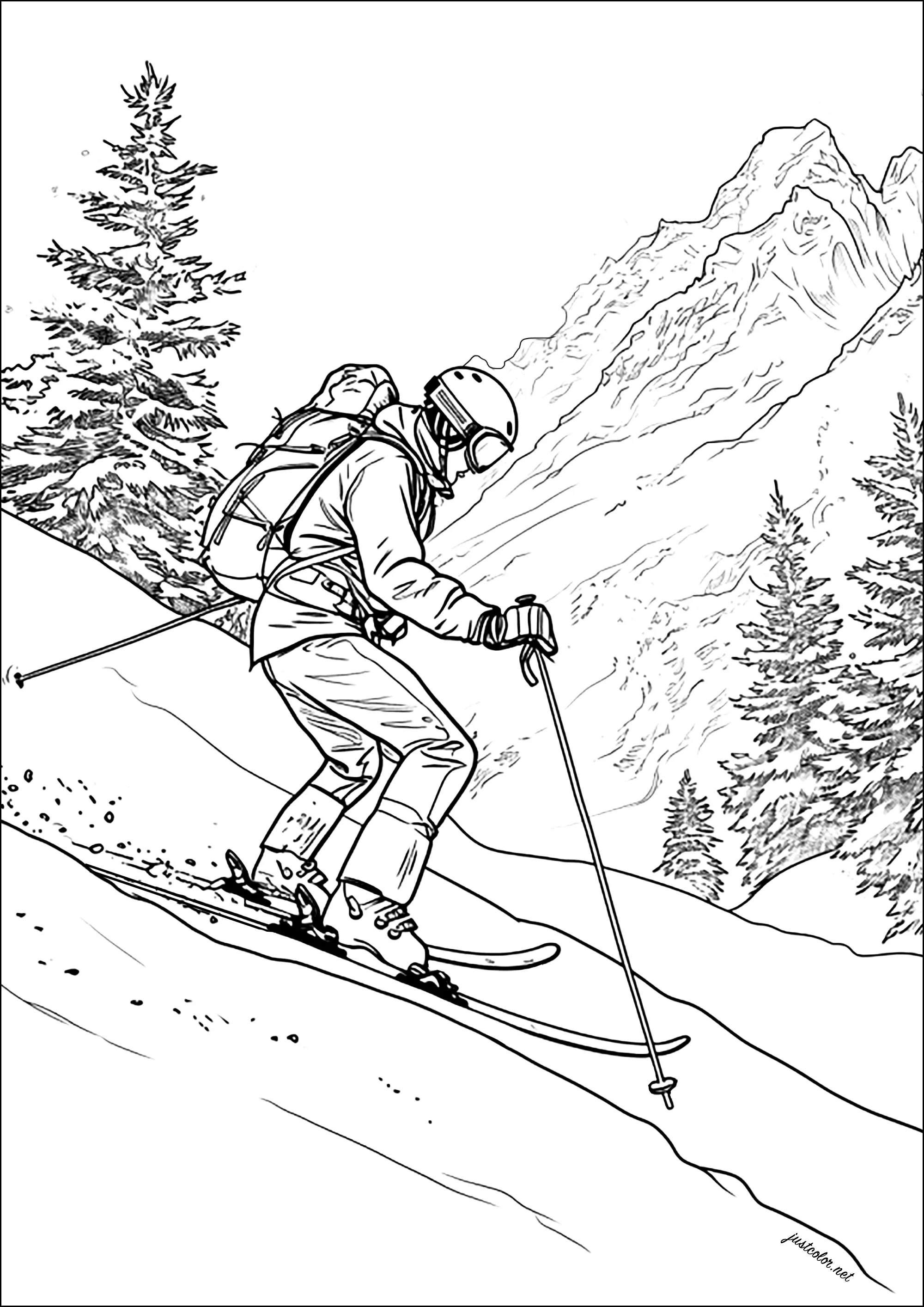 Skier descending a snow-covered mountain (Printable Sport Coloring Page for adults)