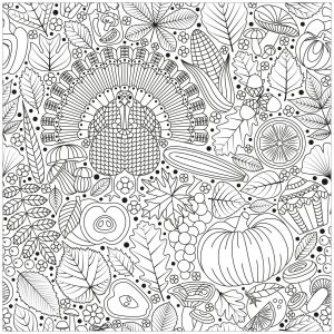 Printable Coloring Page for adults : Thanksgiving turkey and vegetables