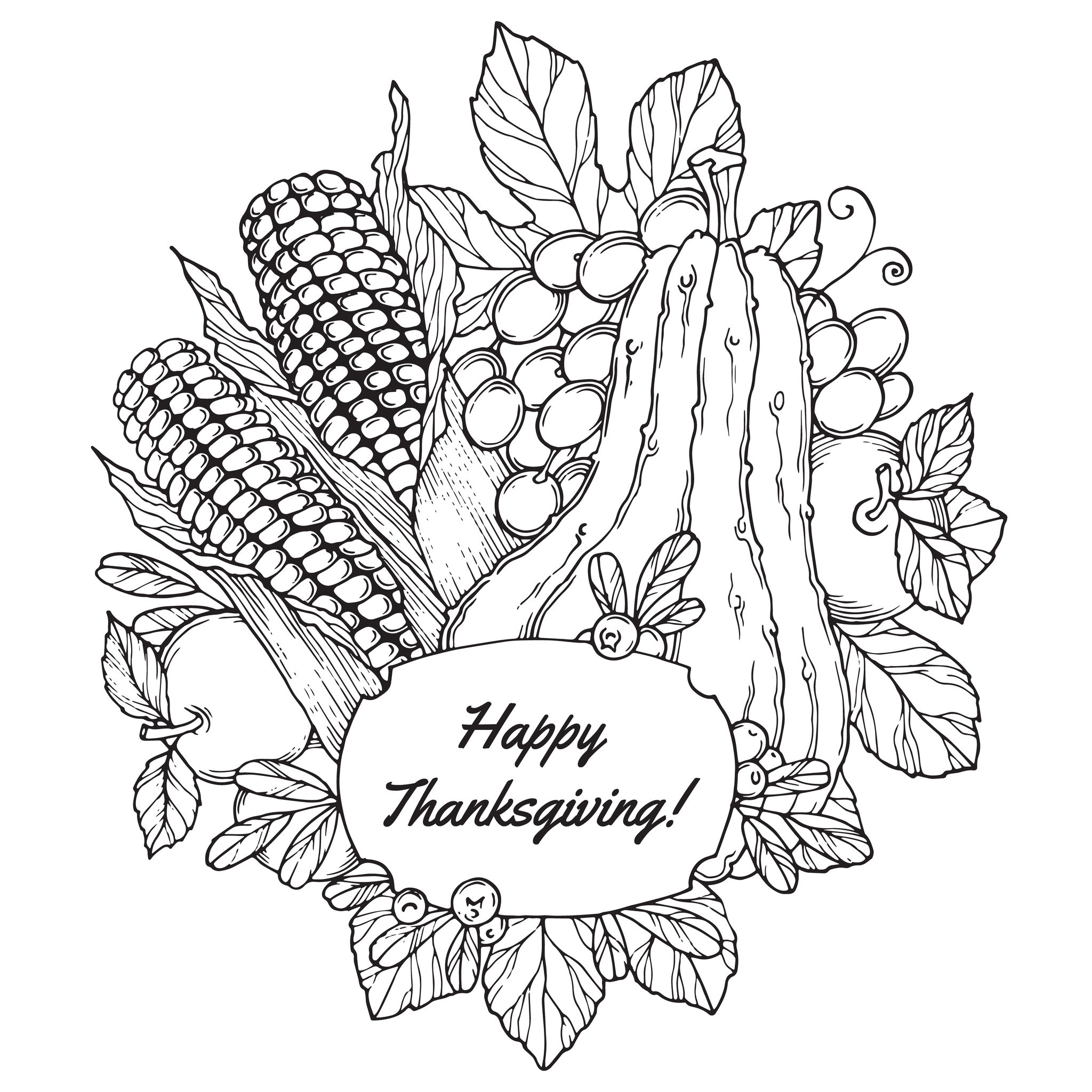Coloring page to color in October with berries, vegetables and various fruits ... Happy Thanksgiving !