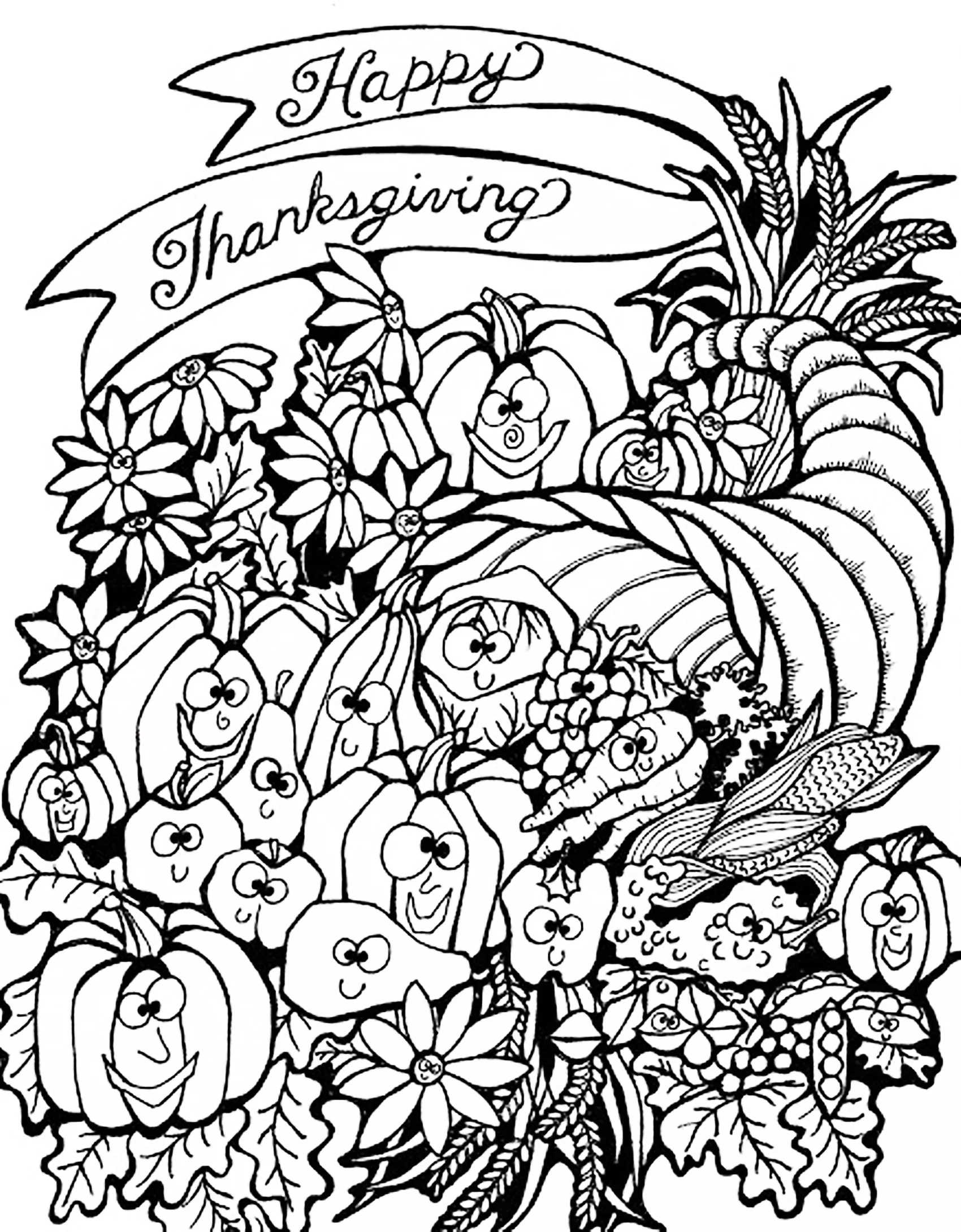Thanksgiving harvest cornucopia (Printable Coloring Page for adults)