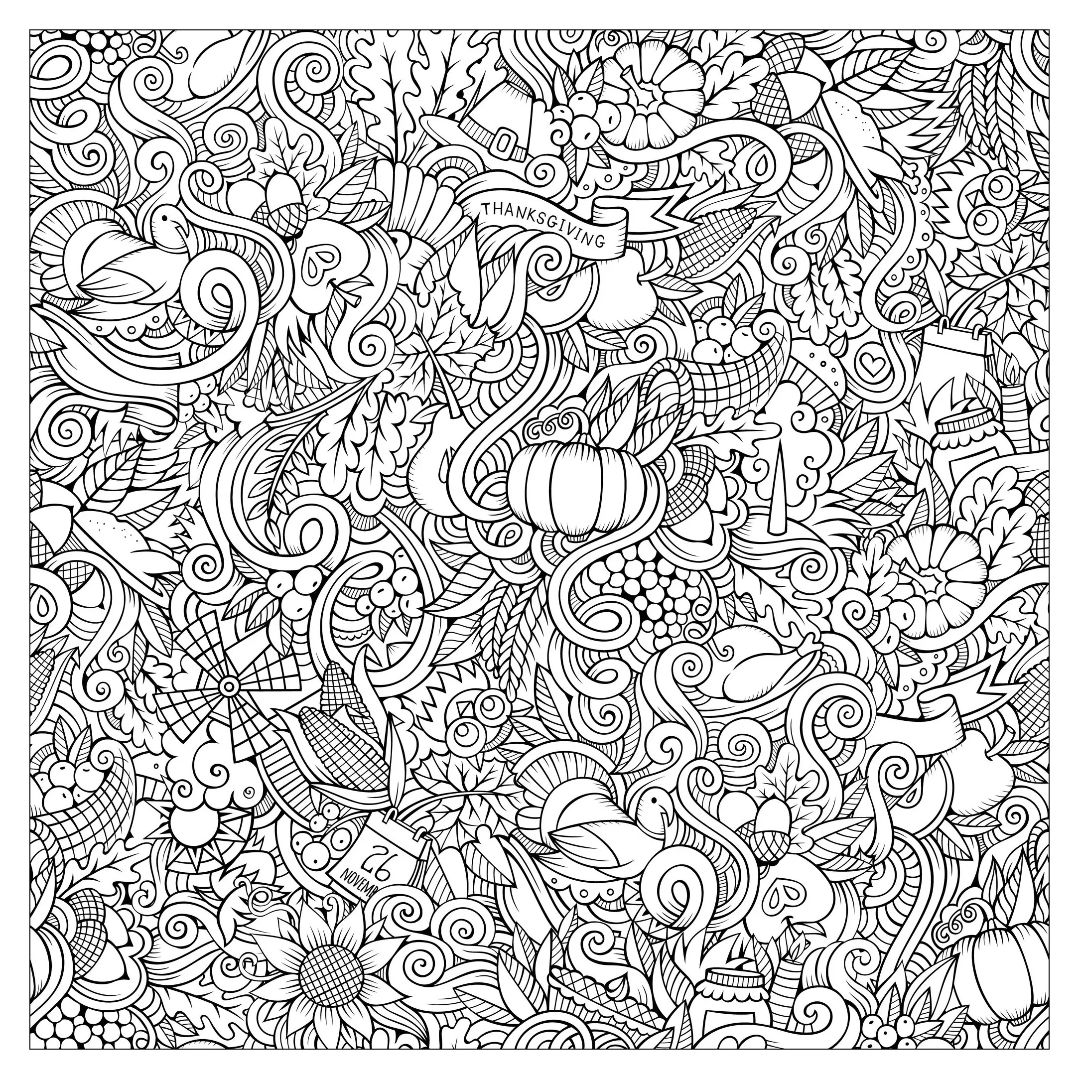 Cartoon vector hand-drawn doodles : thanksgiving autumn symbols (Printable Coloring Page for adults)