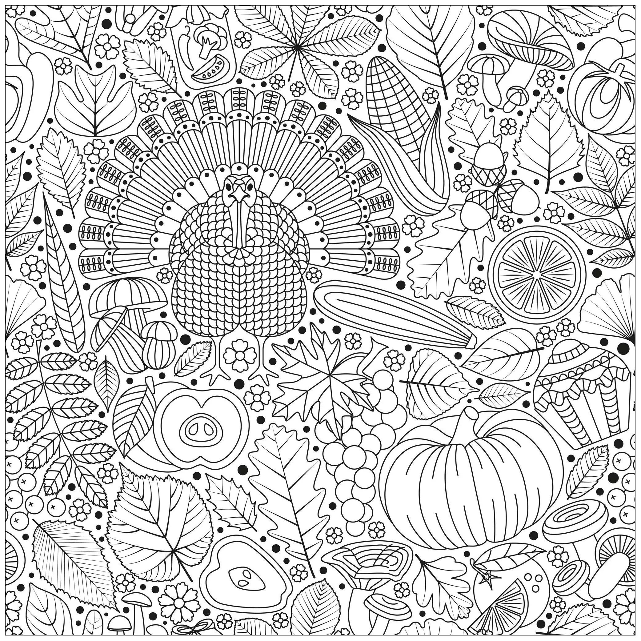 Thanksgiving turkey and vegetables (Printable Coloring Page for adults)