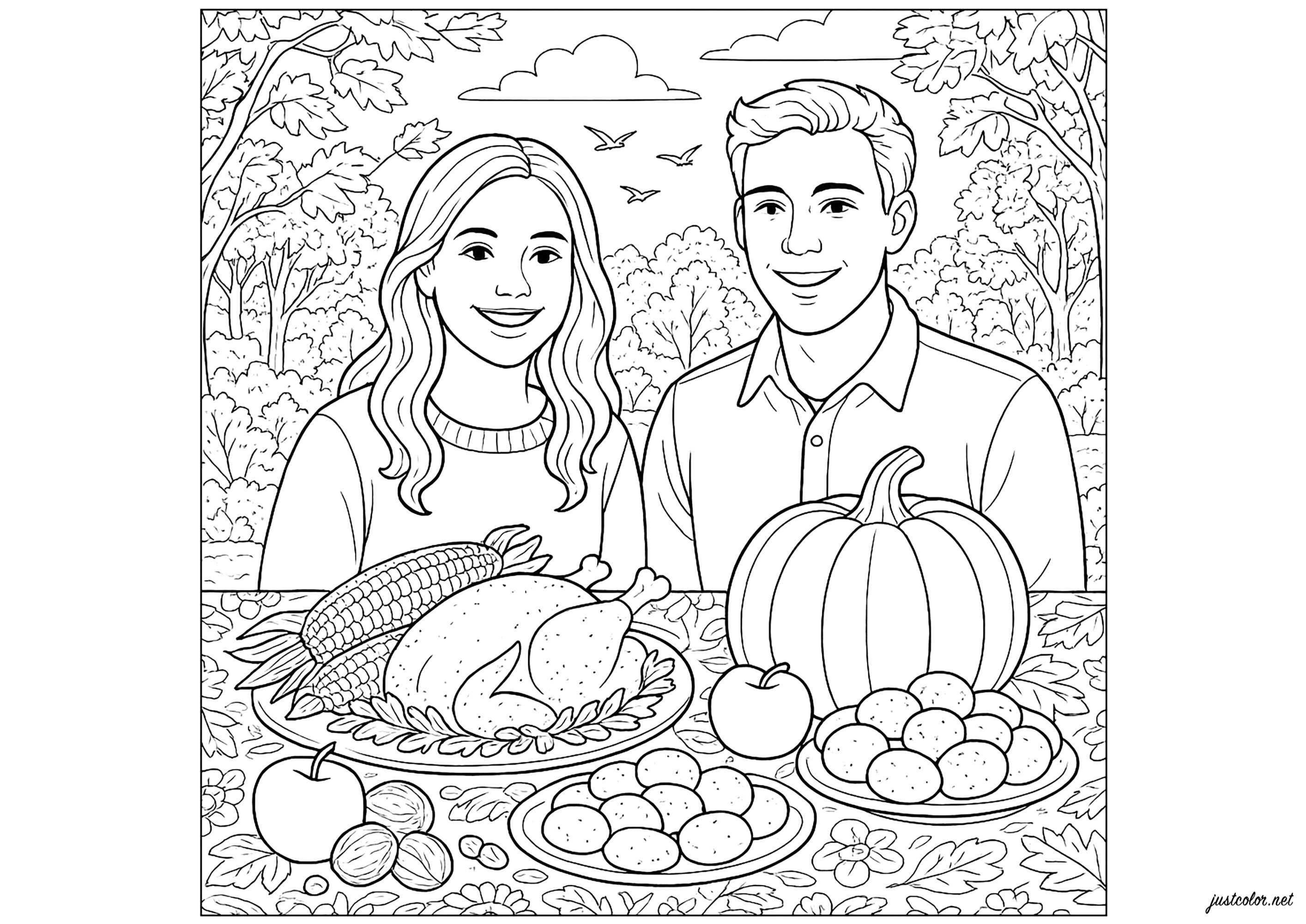 Festin Automnal en Plein Air (Printable Thanksgiving Coloring Page for adults)