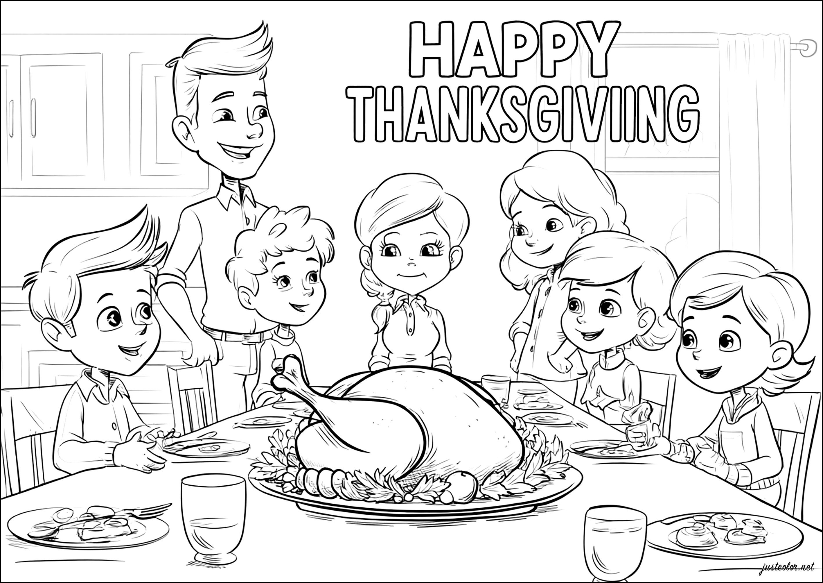 A family feast (Printable Thanksgiving Coloring Page for adults)