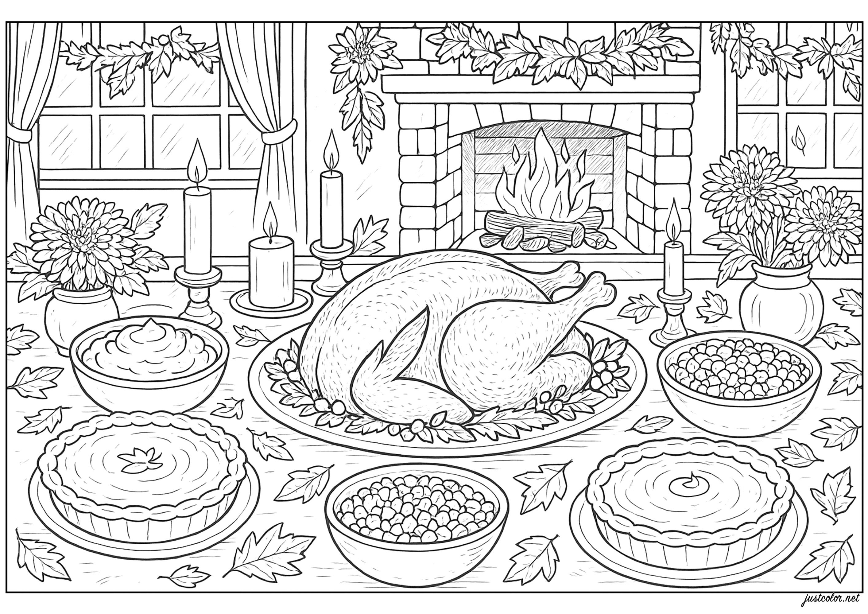 Thanksgiving feast (Printable Coloring Page for adults)