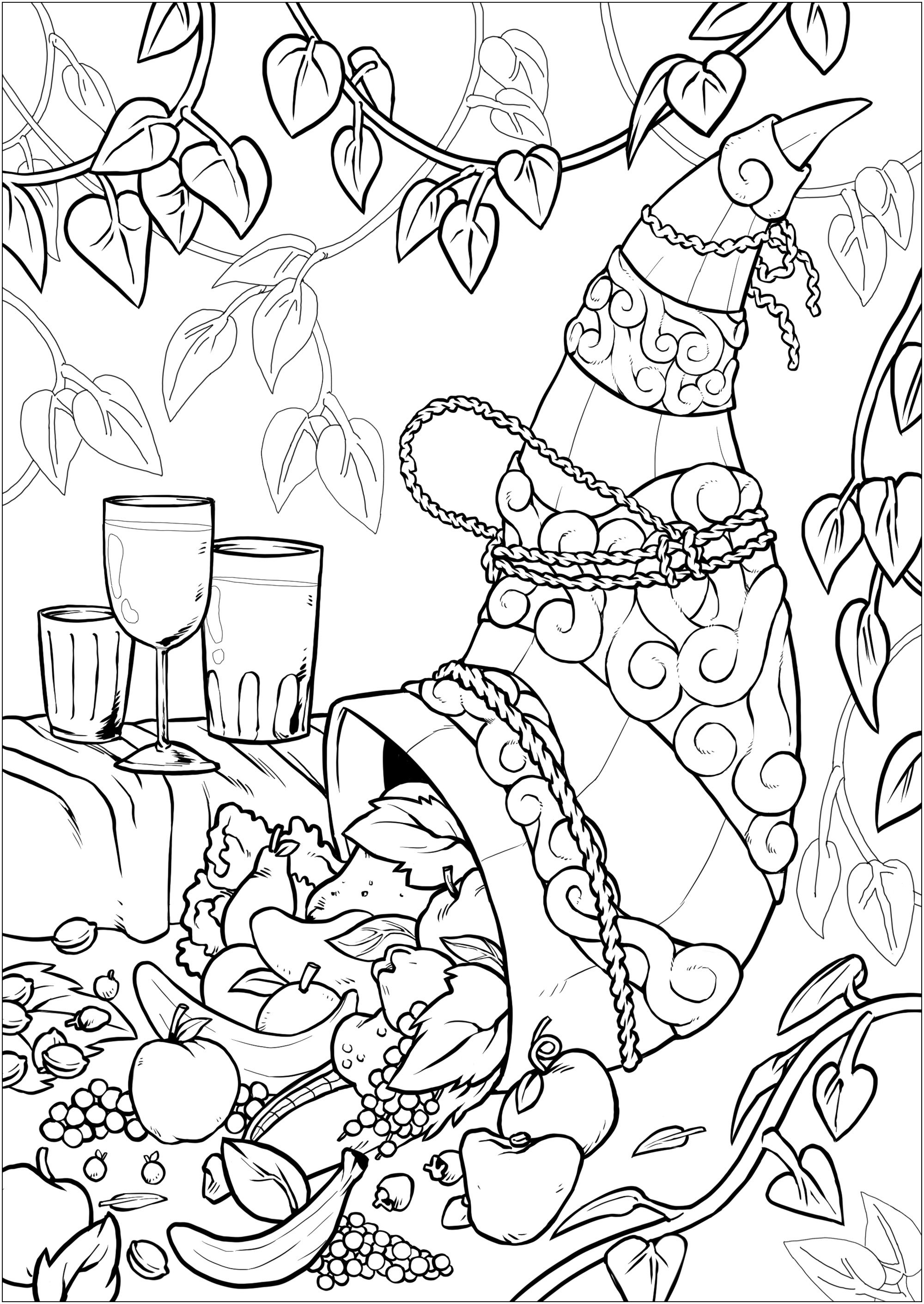 Color this Cornucopia full of fruits, with lot of details, Artist : SPZ artworks