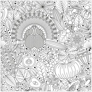 Coloring page thanksgiving turkey and vegetables