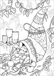 Coloring thanksgiving cornucopia full of fruits