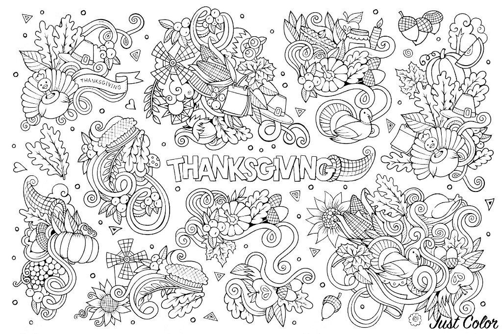 Hand drawn Doodle cartoon set of objects and symbols on the Thanksgiving or Autumn theme