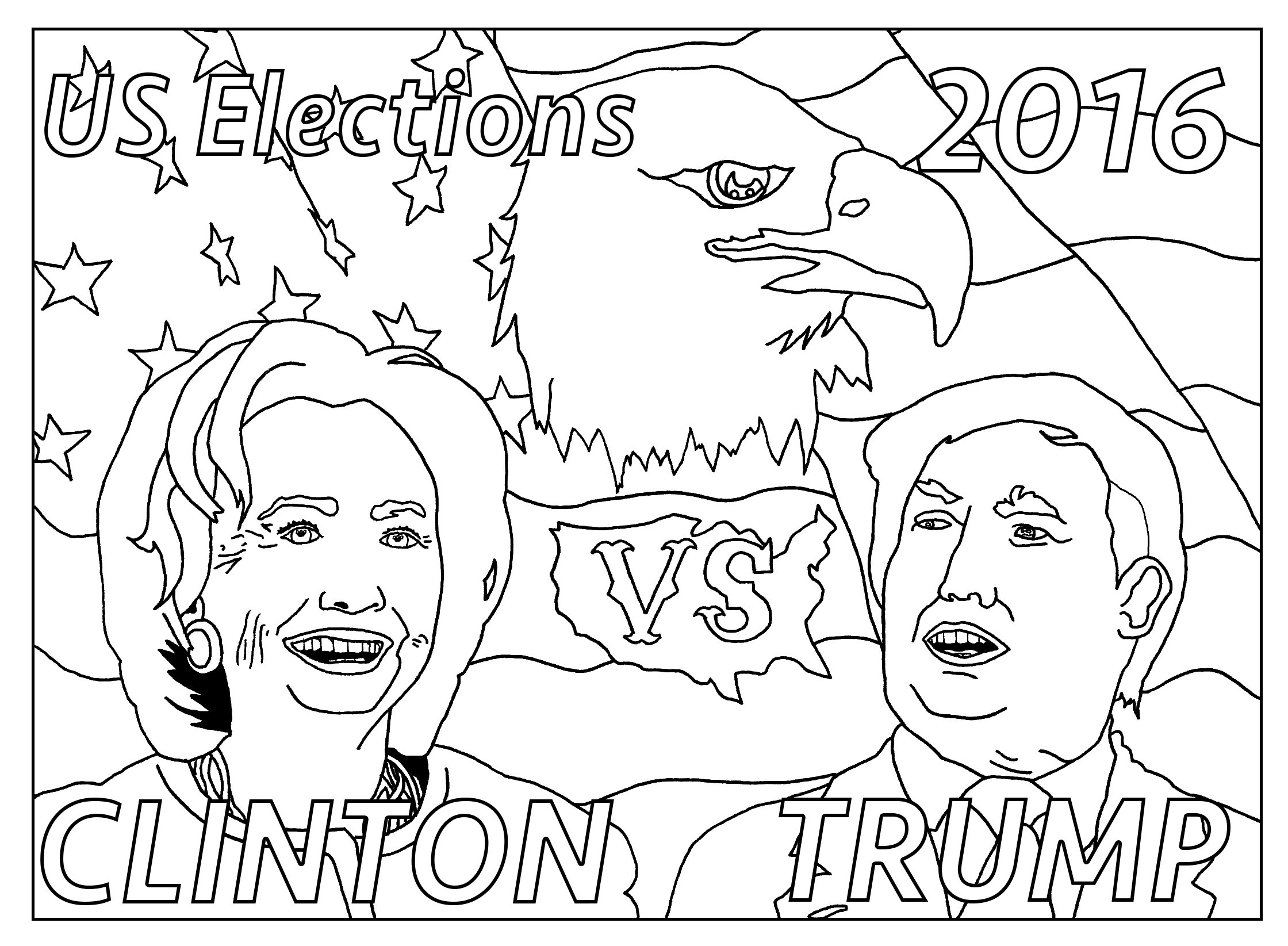 Special coloring page for the US Elections : Clinton vs Trump : version with text, Artist : Sofian