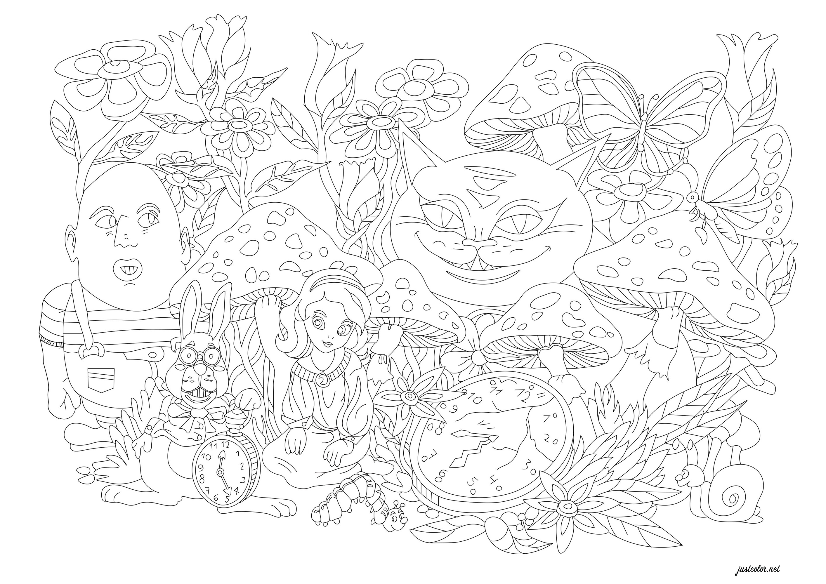 An illustration to color in reference to the book 'Alice's Adventures in Wonderland'. This is an English novel published in 1865 by Lewis Carroll. To color: fantastic flowers, monsters, the rabbit, monsters, a snail, butterflies and the wonderful Alice, Artist : Morgan