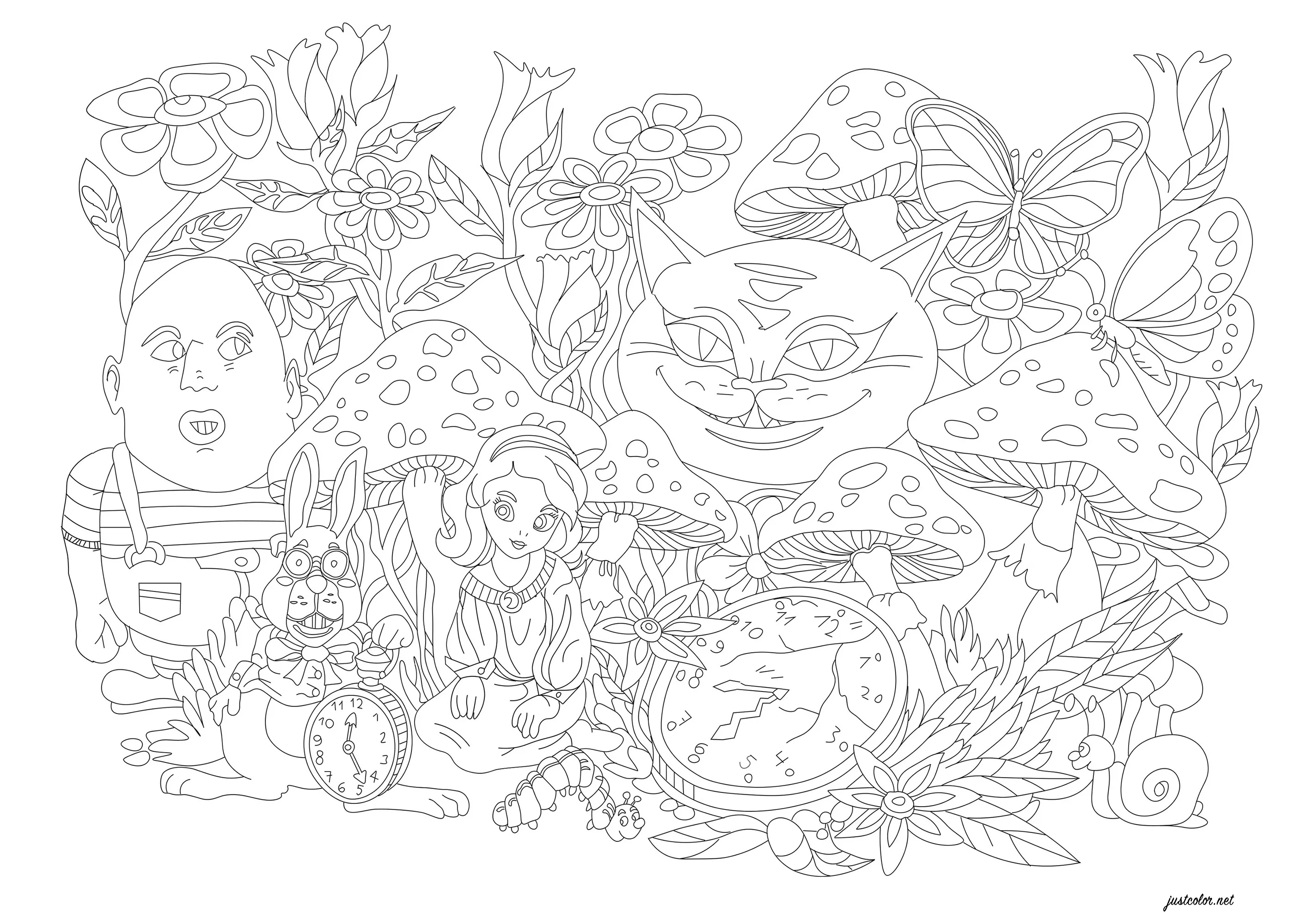 Alice's Adventures in Wonderland (Printable Fairy tale Coloring Page for adults)