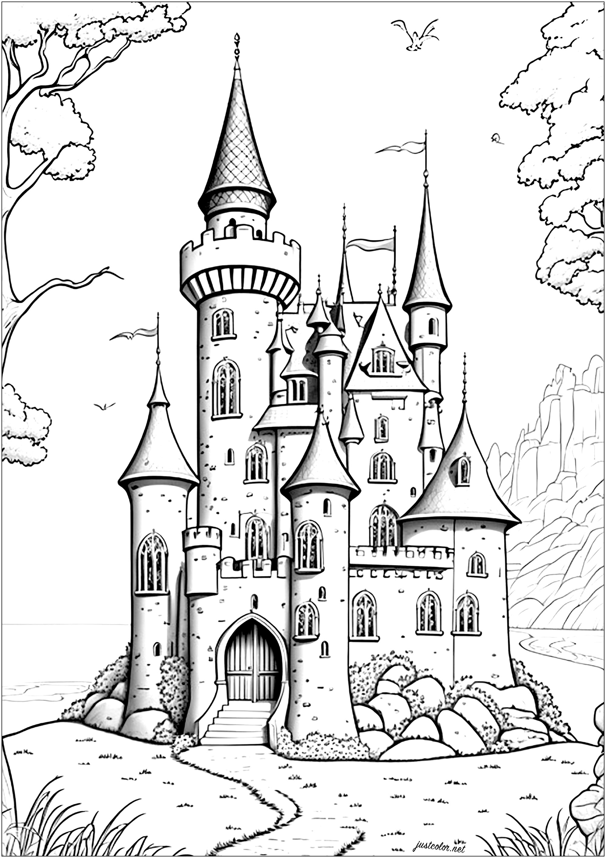 Majestic castle rising to the sky, with stone walls and pointed towers. The main gate is large and imposing, and each turret is topped by a flag fluttering in the wind.
