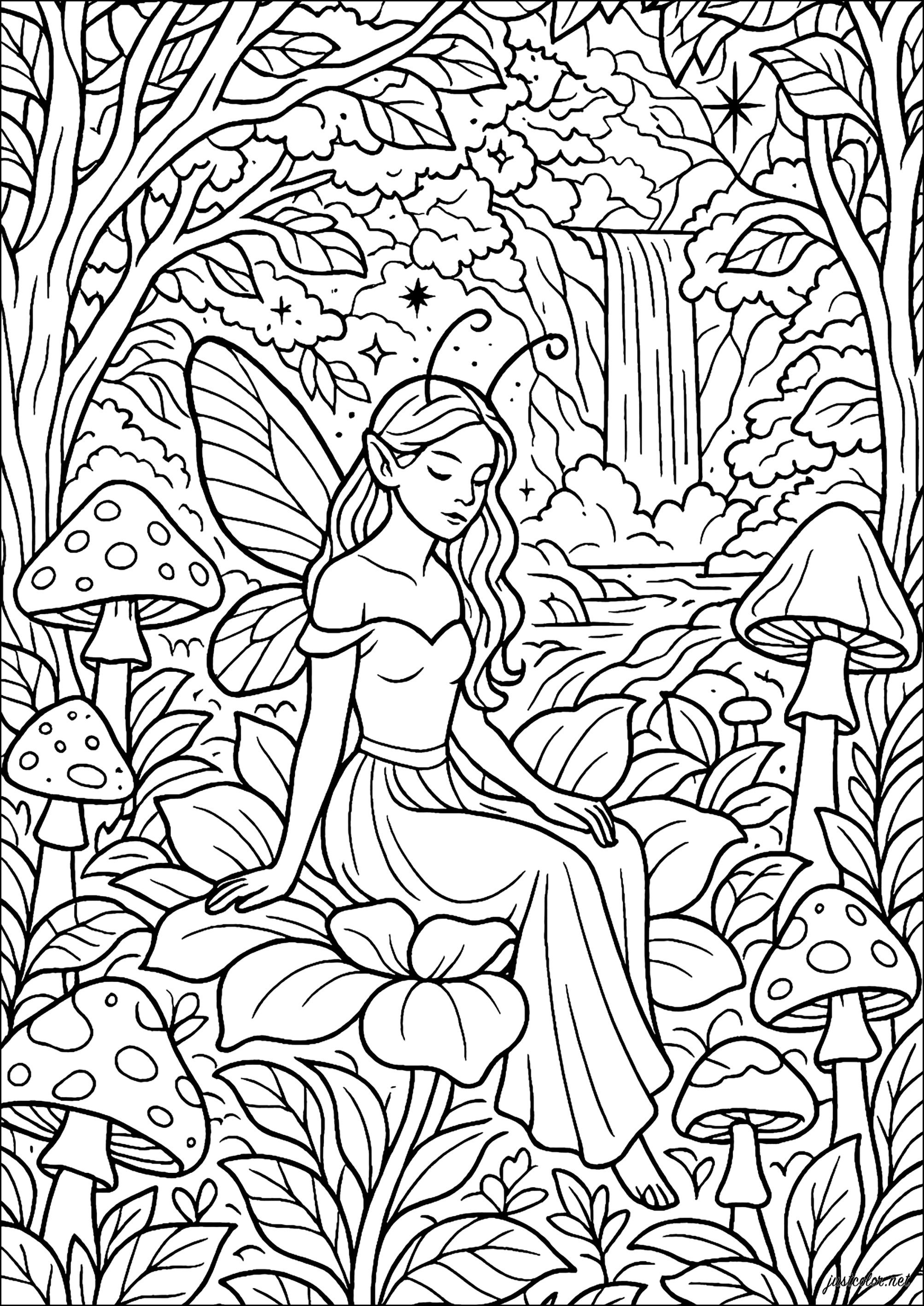 The flower fairy (Printable Fairy tale Coloring Page for adults)