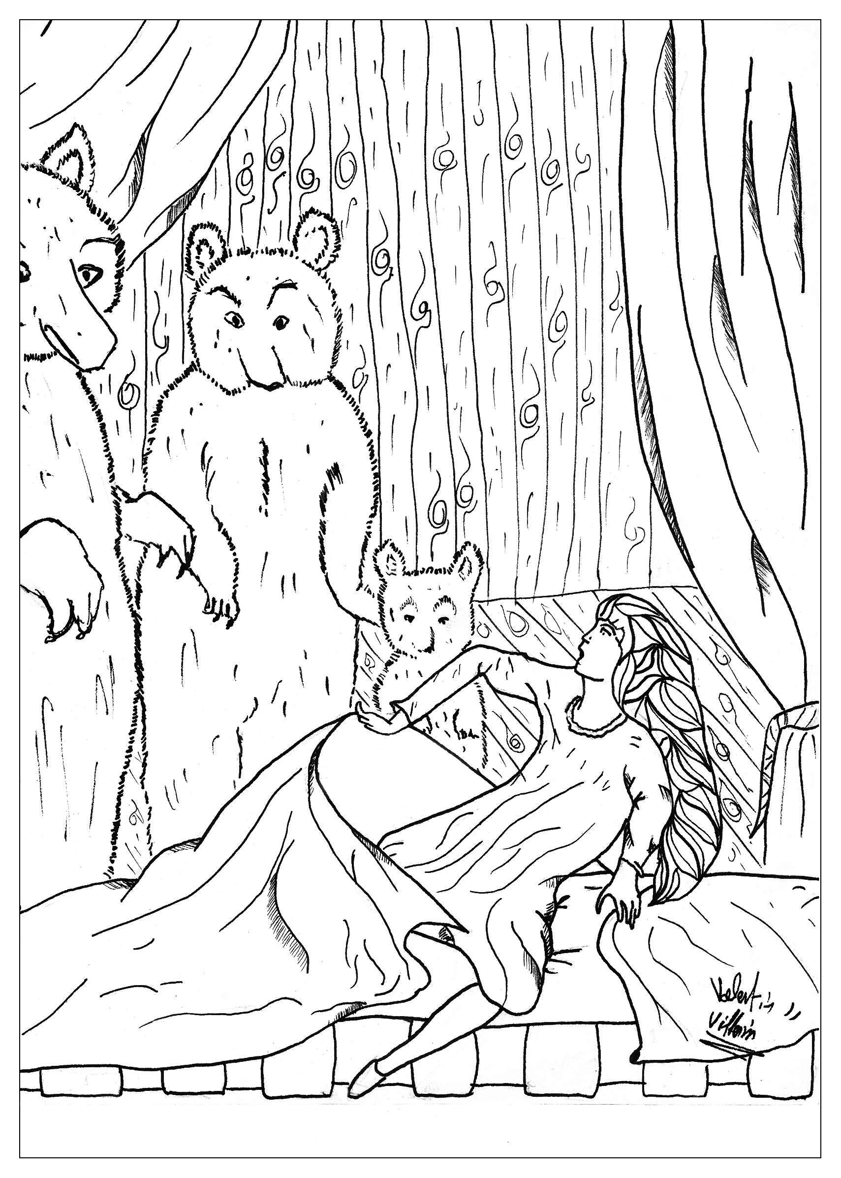 Goldilocks and the Tree Bears in a coloring page, Artist : Valentin